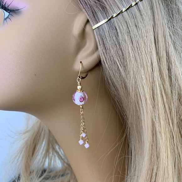 Shabby Chic Unique Rose Earrings Gold Filled - Picture 2 of 3